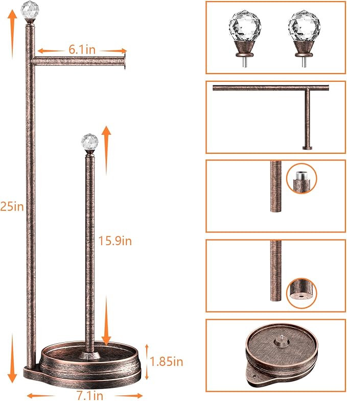 KASUNTO Toilet Paper Holder for Bathroom, Heavy Weighted Metal Free Standing Toilet Paper Holder Stand with Crystal Ball, Toilet Paper Roll Stand for Bathroom Accessories (Oil Rubbed Bronze)