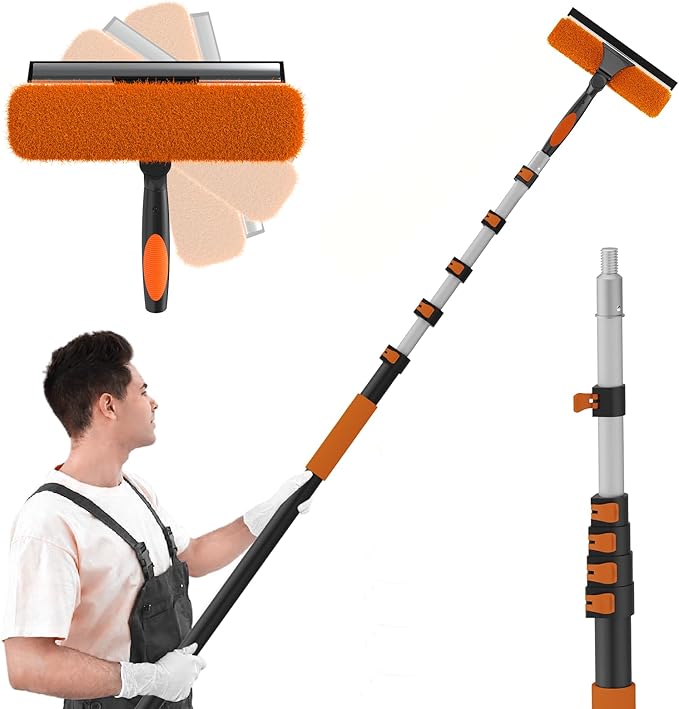 SISUPASSIE 30FT Reach Window Squeegee with Extension Pole, 2-in-1 Professional Window Washing Kit for Home, Indoor Outdoor Squeegee with Rotatable Head for High Windows