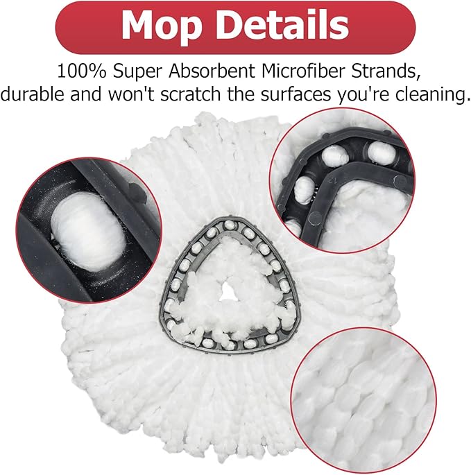Spin Mop Replacement Head - 6 Pack EasyWring Mop Refills with Base Compatible with O-Cedar Triangle Spin Mop, Microfiber Mop Replace Head Easy Cleaning Floor Head Mop for Floor Cleaning