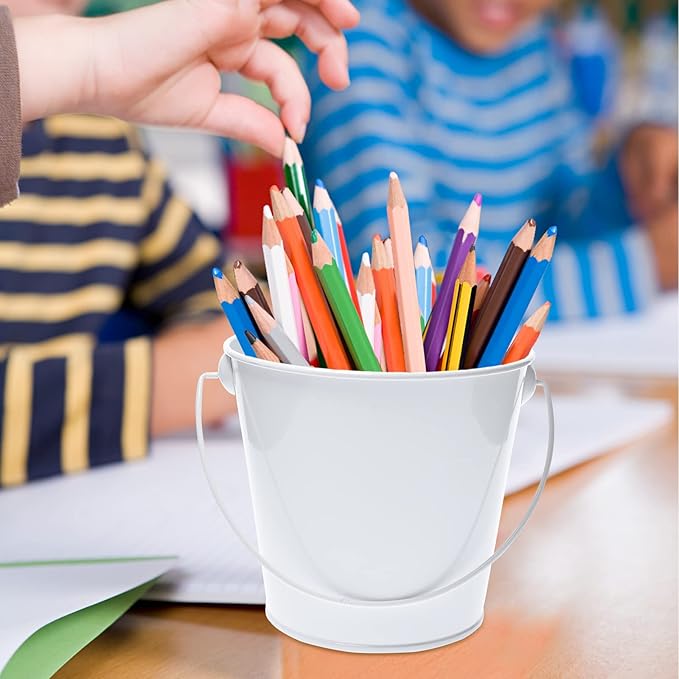 Colored Metal Buckets with Handle, 6 Pack 5.91 Inch Galvanized Iron Pail Bucket for Kids,Classroom,Crafts,and Party Favors (White)