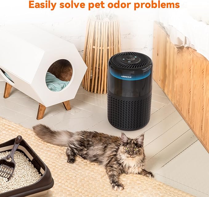 AIRROMI Air Purifier for Bedroom Home,HEPA Filter,Covers Upto 549 Ft²,Quiet 360°intake Air Cleaner with Fragrance ponge for Better Sleep,Night Light,Filters Smoke,Pet Dander,Allergies,Dust,A2005 Black