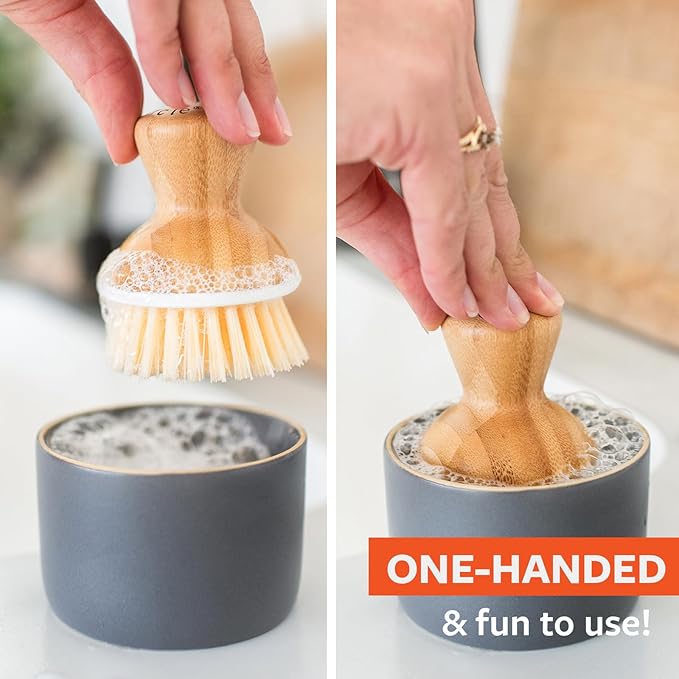 Full Circle Bubble Up Bamboo Dish Brush & Ceramic Soap Dispenser – [Bamboo Coating] Family Safe, Formaldehyde-Free – Kitchen Scrub Brush for Dishes, Nonstick & Cast Iron, Gray