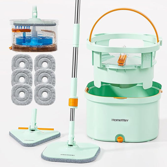 HoMettler Mop and Bucket Set | Spin Mop with Dual-Tank Clean/Dirty Water Separation | 6 Microfiber Pads for Deep-Cleaning Floors | Versatile Mops Triangular Head for Walls
