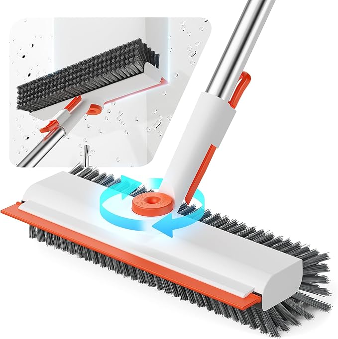 HelpX Floor Scrub Brush with Long Handle, 3 in 1 Scrape and Heavy-Duty Stiff Bristle Floor Scrubber Brush with Squeegee and Tweezer for Cleaning Tile Wall Deck (Orange and White)