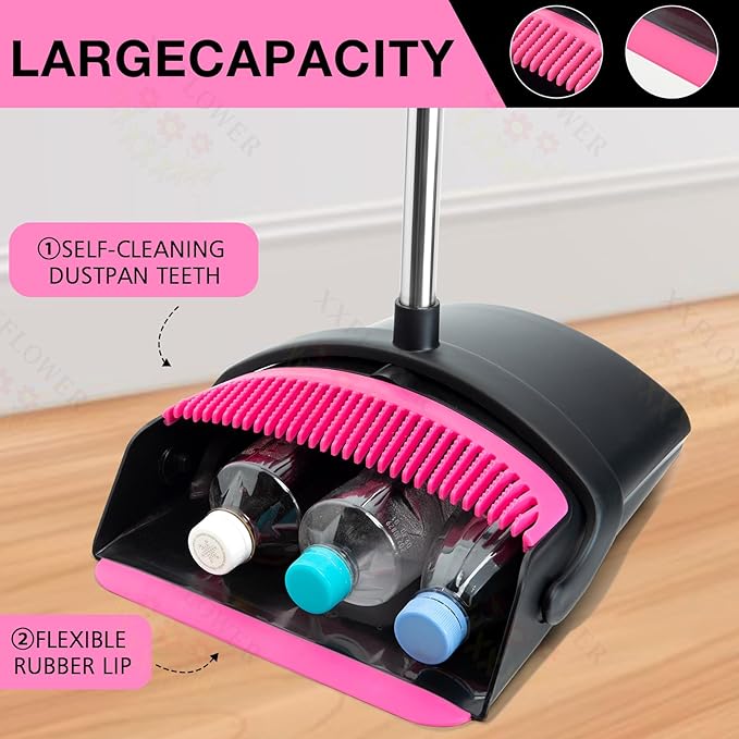XXFLOWER Broom and Dustpan Set, Long Handle Lightweight Dustpans with Broom Combo for Home, Indoor&Outdoor Sweeping for Home Room Kitchen Office Lobby (Black Pink)