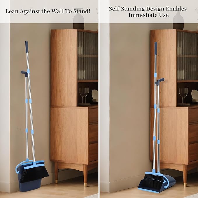 OLLSDIRE Broom and Dustpan Set for Home 2025 Indoor Outdoor Broom with Dustpan Combo Set Upright Dust Pans with Long Handle Angle Broom for Kids Garden Pet Hair Lobby Wood Floor Kitchen