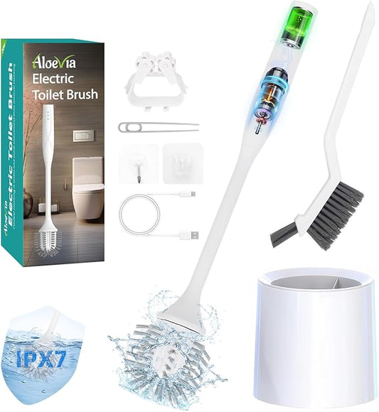 Aloevia Electric Toilet Brush with Holder, Ultra Quiet & Powerful Scrubbing, IPX7 Waterproof Self-Cleaning Brush for Toilet/Bathtub/Grout, Cordless Spin Scrubber with 320RPM Turbo Power - White