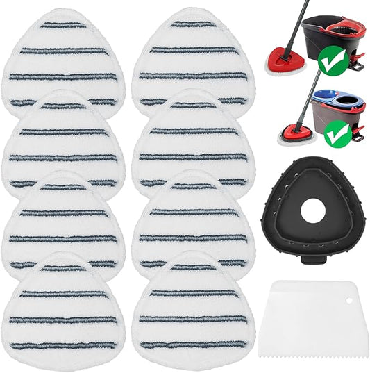 High-PQ Flat Mop Head Replacements, Microfiber Mopping Pads Refills, 8-Pack Spin Mop Pads + 1 Plastic Pad &1 Scrape for Floor, Wall & Ceiling Cleaning - Fits EasyWring & RinseClean Systems