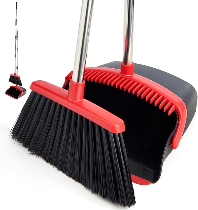 XXFLOWER Broom and Dustpan Set with Long Handle, Heavy Dust Broom and Dustpan Combo for Home，Kitchen, Office, Pet Hair (Black Red)