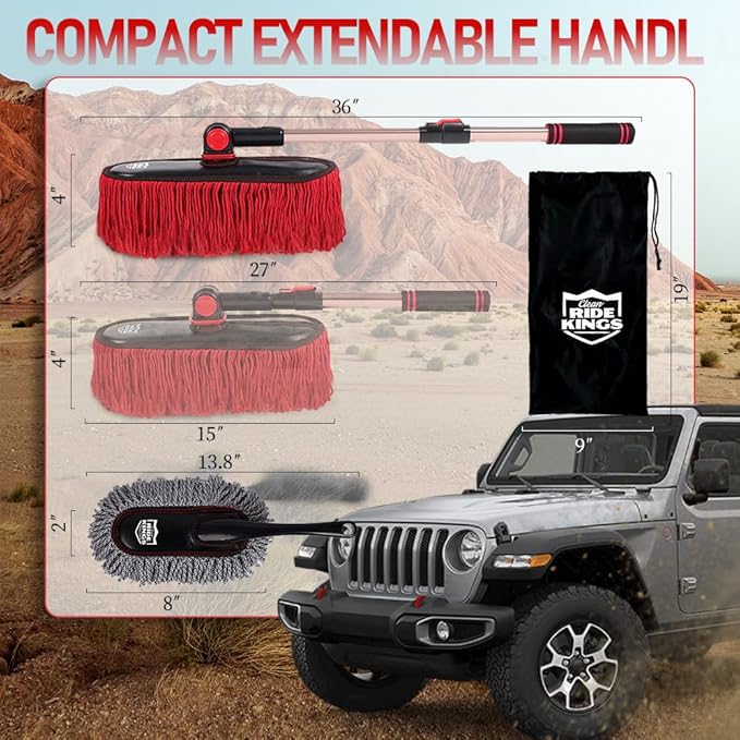 RIDE KINGS Car Duster with Telescopic Handle for Exterior Scratch-Free Cleaning, Auto Dust Remover Set with Small Brush for Dashboard & Interior Detailing