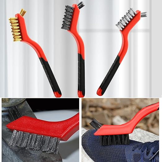 Wire Brush Set 3Pcs, Nylon/Brass/Stainless Steel Bristles with Curved Handle Grip for Cleaning with Curved Handle Grip for Rust Removal, Dirt, Paint Scrubbing Blue