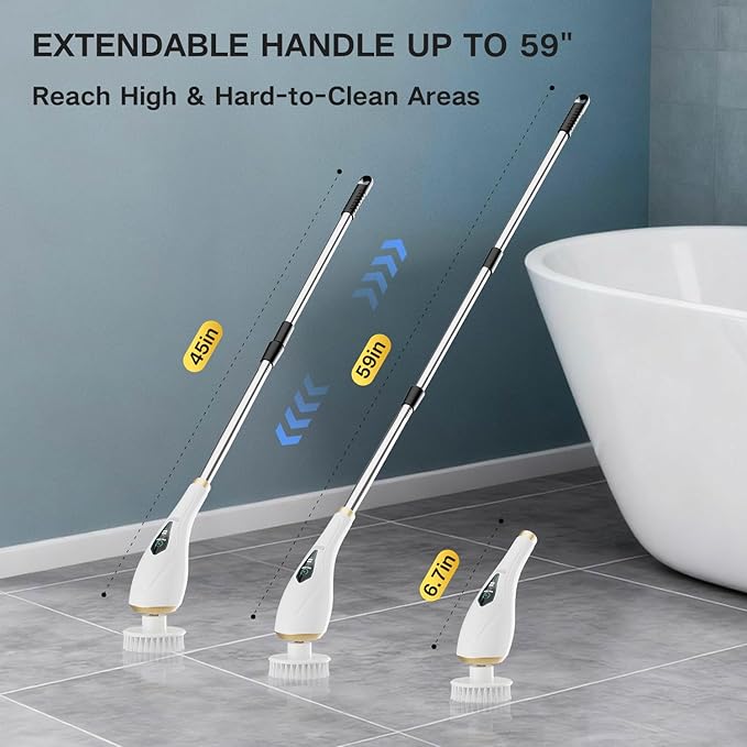 Hofenta Electric Spin Scrubber Cordless Shower Cleaning Brush with 10 Replaceable Brush Heads, Extendable Handle Up to 59", 2 Speed, Waterproof, 2H Cleaning Time for Bathroom Shower Tile Glass Car