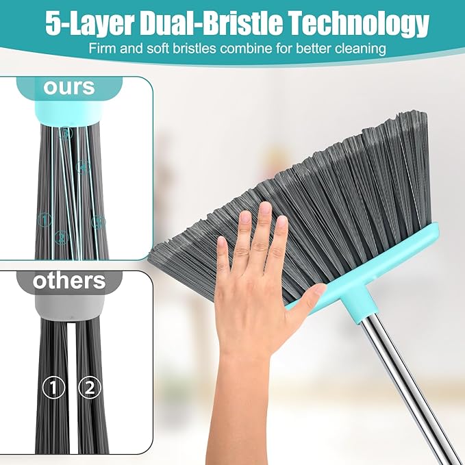 Michao Upgrade Broom and Dustpan Set, Silicone Broom,Long Handle Broom with Upright Standing Dustpan, Squeegee - Broom for Indoor Cleaning 2+1,for Indoor Outdoor,Smooth Floors, Rugs (Green-Grey)