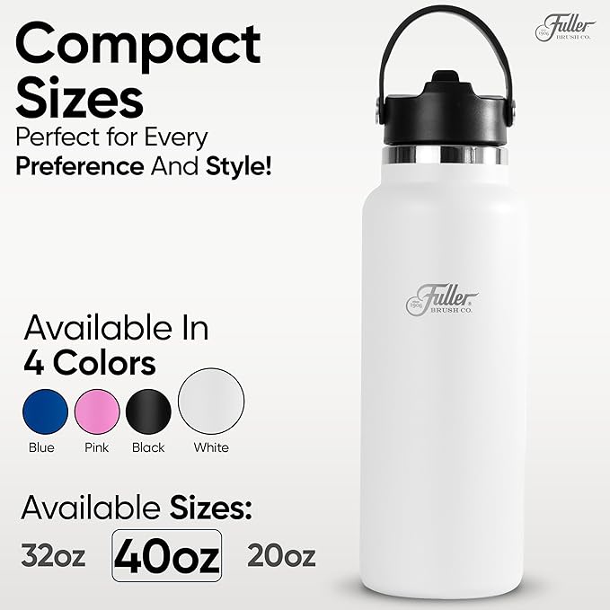 Fuller Stainless Steel Water Bottle with Straw Lid – BPA-Free, Sweat-Proof, Leak-Proof Travel Mug – Double Wall Insulated for Hot & Cold Drinks – Carry Handle (White, 40 Oz.)
