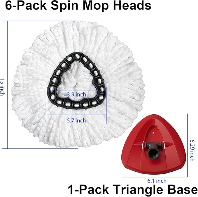 Mop Head Replacements Compatible with O-Cedar EasyWring 1-Tank System, 6 Durable Microfiber Replacement Mop Heads and 1 Triangular Base for Hardwood, Tile & Laminate Floors, Washable & Reusable