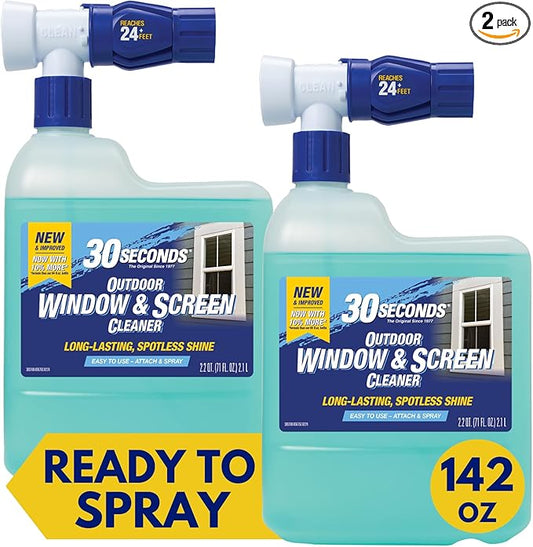 30 SECONDS Outdoor Window & Screen Concentrated Cleaner for Glass, Patio Doors, Fiberglass, Furniture - No Screen Removal Required, Spray & Rinse - Hose End Spray Attachment (2 PACK)