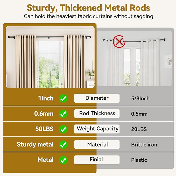 Curtain Rod 32-144 Inch, Heavy Duty 1 Inch Adjustable Curtain Rods for Windows, Black Extra Long Window Treatment Rods, Modern Design, Easy Installation