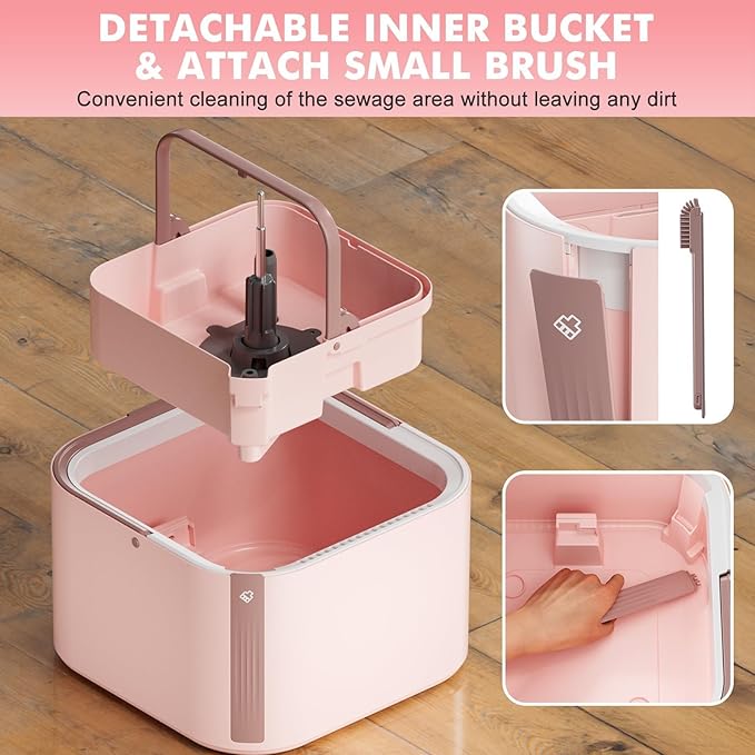 Upgraded Spin Mop and Bucket System Set, Self Separate Clean and Dirty Water, Foldable Square Standing Mop Head with Microfiber Mop Pads, Detachable Bucket (Pink, Mop Set with 6PC Pads)