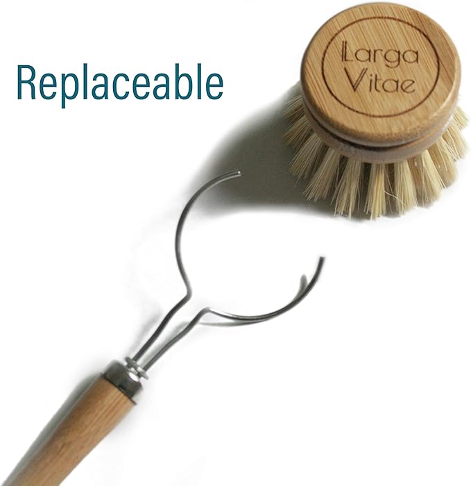 Larga Vitae Wooden Dish Brush Made of Renewable Bamboo Wood and Natural Bristle Tampico Fiber, includes 5 Replacement Brush Heads, Durable, Long Lasting, All Purpose Kitchen Scrubber