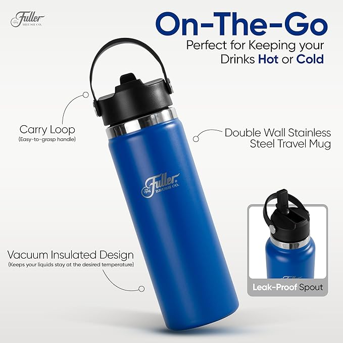 Fuller Stainless Steel Water Bottle with Straw Lid – BPA-Free, Sweat-Proof, Leak-Proof Travel Mug – Double Wall Insulated for Hot & Cold Drinks – Carry Handle (Mazarine Blue, 20 Oz.)