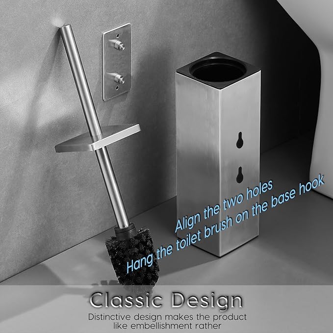 JOVYXIE Brushed Stainless Steel Square Toilet Brush with Metal Lid Dual-Use Toilet Brush Holder with Drilled + Drill-Free Hook Base Includes Removable Inner Bucket (Brushed)