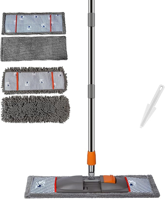 57-inch Fiber Flat mop with 4 Floor mops with Washable Pads, Suitable for Multiple Surfaces and Designed specifically for Floor Cleaning. Features an Extra-Long Telescopic Handle for deep Cleaning