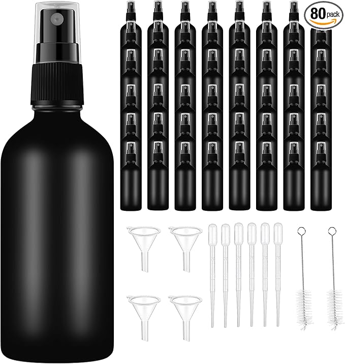 80 Pcs 2 Oz Glass Spray Bottles Fine Mist Spray Bottle Refillable Cosmetic Bottles Empty Small Bottle for Essential Oils Travel Cleaning Solutions Featuring Accessories(Black)