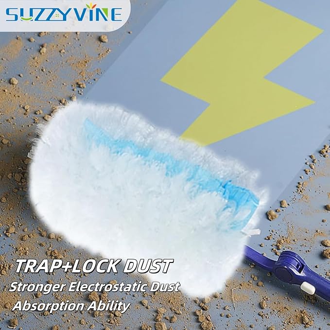SUZZYVINE Duster Refill 360 Degrees with a Long Handle Plus a Short Handle, 12 Count Duster Refills,Blue and White
