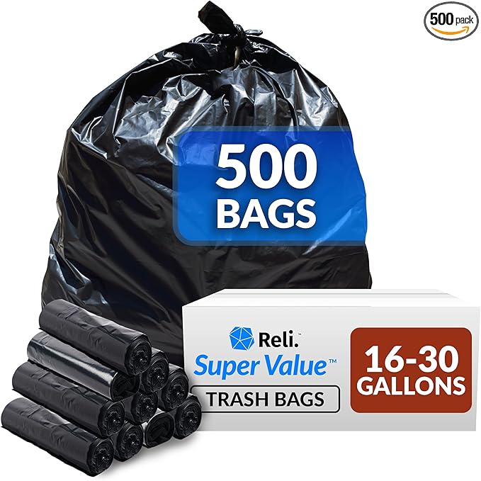 Reli. 16-25 Gallon Trash Bags | 500 Bags | Black | Home, Kitchen | Strong | Garbage