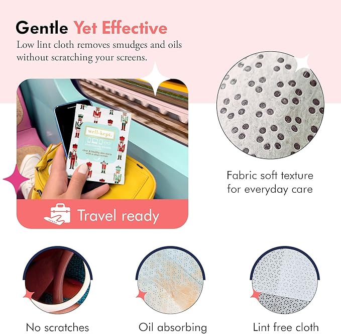 Well-Kept Tech & Lens Wipes - Eyeglass, Screen & Phone Cleaning, Multi-Surface, Lint-Free, Pre Moistened, Streak-Free & Non Scratching - Nutcracker, 6 Pack (90 Count)