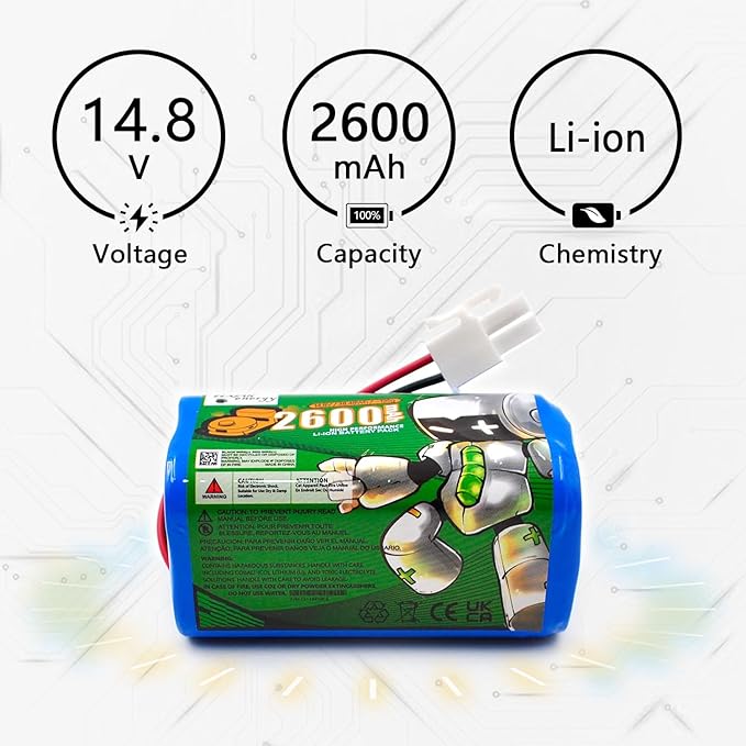 (2-Pack) 14.8V 2600mAh Li-ion Battery, Compatible with iLife A4 A4s A6 A7 A9 V3 V5 V5s V7 Series and Ecovacs Deebot V7 CEN660 CR120 CR130 DG800 X500 Zaco A6 A8 A9 Dibea D960 GT9 V780 4ICR19/65