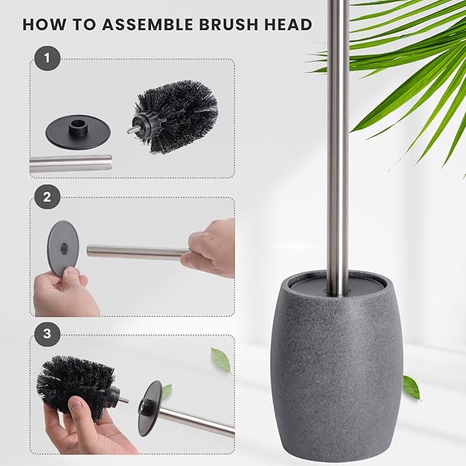 Toilet Bowl Brush and Holder with Stainless Steel Long Handle, Toilet Scrubber Brush with Durable Base, 360° Deep Cleaning Bristles for Bathroom, Compact Set for Small Space (Gray)