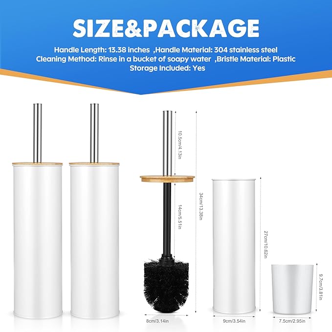 ODJSY Compact Toilet Brush and Holder 2 Pack,SetStainless Steel Handle Toilet Brush,Deep Cleaning,Durable Nylon bristles,Splash-Proof Design(White&Black)