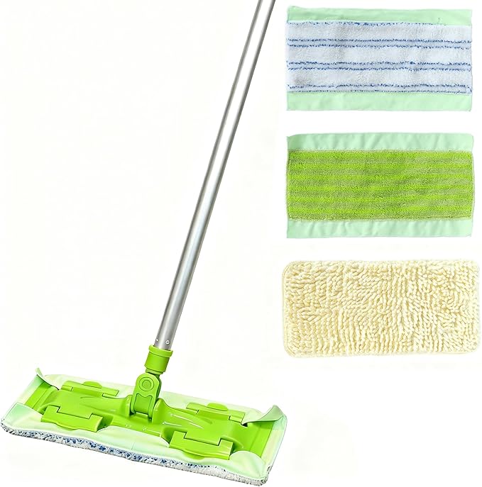 EaseYourDay Wet and Dry Mop, Super Firm Clip on Pads, 3 Washable Mop Pads, Lightweighted&Sturdy Aluminum Pole