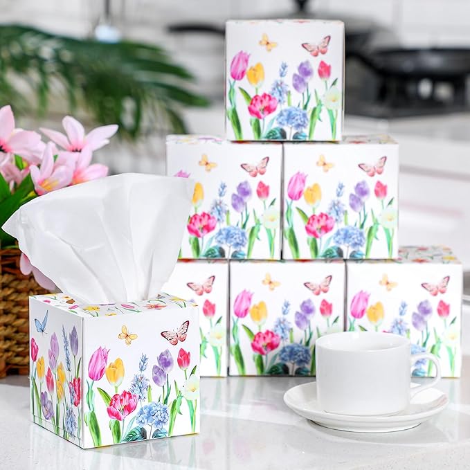 12 Pack Tulips Facial Tissues Cube Boxes 600 Sheets 3 Ply Small Tulips Floral Face Tissues Bulk for Fall Christmas Spring Car Bedroom Supplies