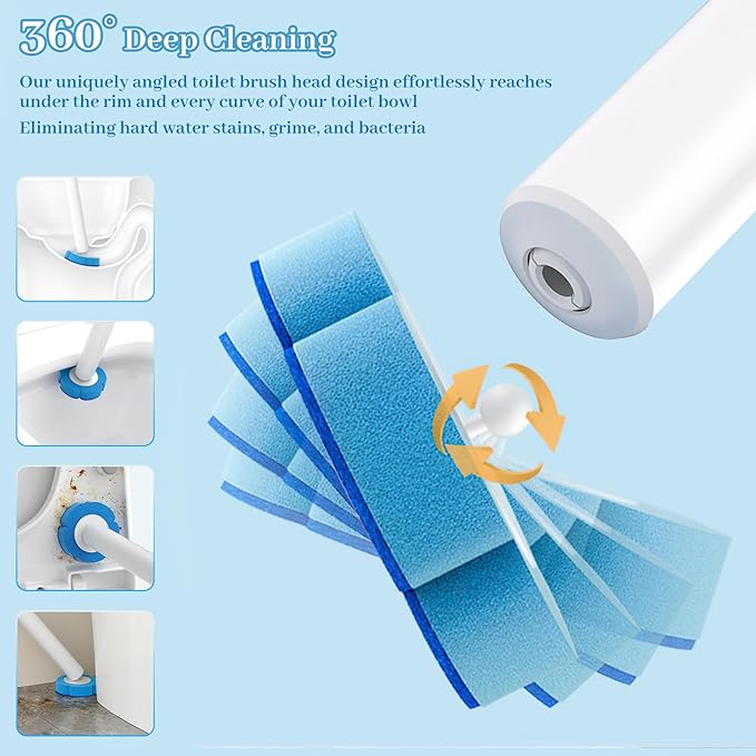 Dexmary Disposable Toilet Brush Set with Holder, Angled Cleaning Wand with 24 Refill Heads, Wall-Mounted Hygienic Toilet Cleaner (Ocean, Lemon, Lavender Scents)