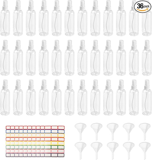 36 Pack Plastic Small Spray Bottles 4 oz/120 ml, Fine Mist Clear Empty Plastic Small Travel Spray Bottle, with 10 Funnels and 10 Labels