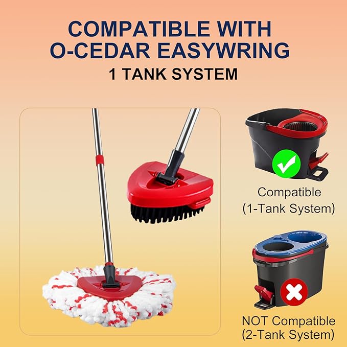 Spin Mop Replacements for O-Cedar EasyWring 1-Tank System: 4 Large Microfiber Mop Head Refills , Dual-Action Scrubber Brush, Adjustable Stainless Steel Handle, Durable Triangular Base