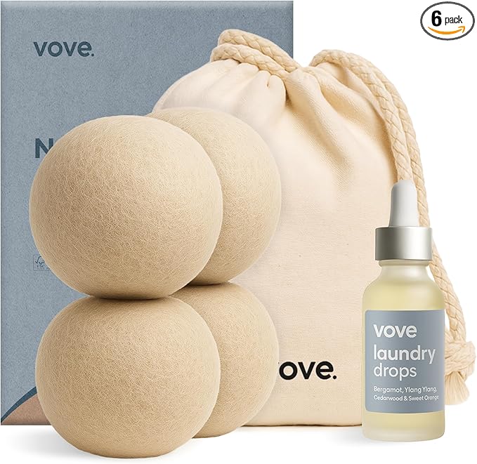 Vove Natural Hemp Dryer Balls Kit with Scent Drops - 4 Pack & Essential Oil Blend - 5X More Absorbent Than Wool - Natural Softener, Reduces Wrinkles and Static, Customizable Fresh Scent, Reusable