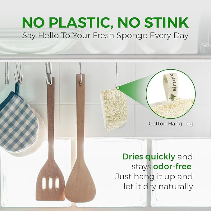 Natural Loofah Sponges for Dishes Pack of 6 - Compostable and Cellulose Kitchen Loofah - Plastic Free Dish Sponges Kitchen with Cotton Hanging Loop