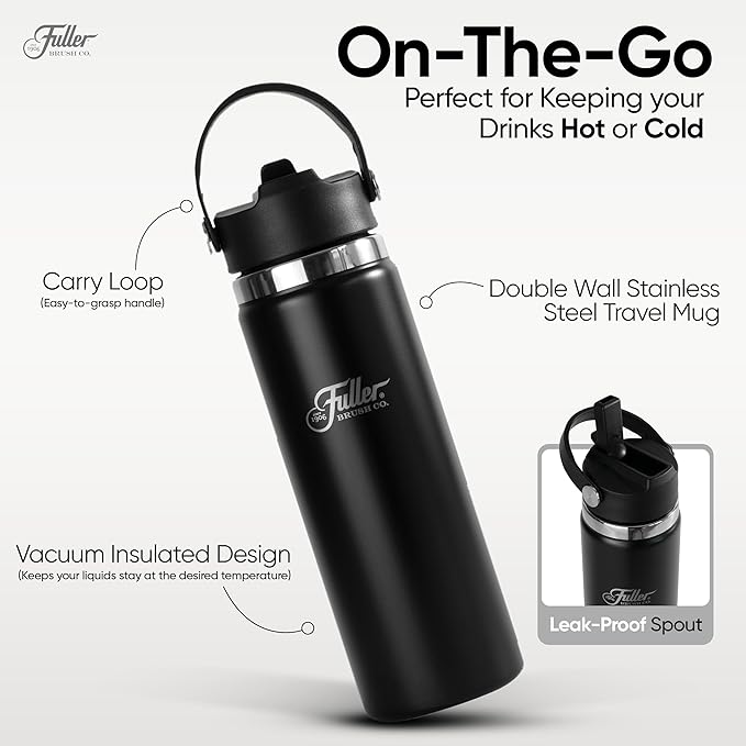 Fuller Stainless Steel Water Bottle with Straw Lid – BPA-Free, Sweat-Proof, Leak-Proof Travel Mug – Double Wall Insulated for Hot & Cold Drinks – Carry Handle (Black, 20 Oz.)