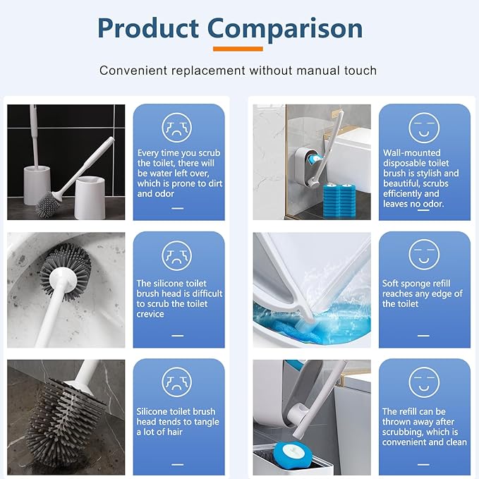 Disposable Toilet Brush with 32 Refills, Wall Mount Toilet Bowl Brush, 32PCS Powerful Toilet Brush Refills, Toilet Bowl Wand, Convenient and Contact-Free Toilet Brush Disposable.
