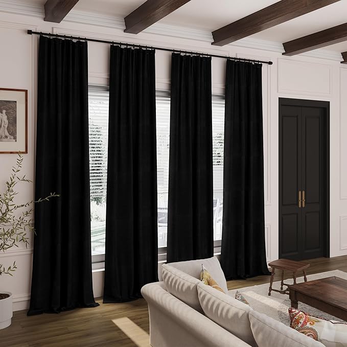 100% Blackout Linen Curtains 100 Inches Long 2 Panels for Bedroom Back Tab Pinch Pleated Black Out Curtain Modern Urban Noise Cancelling Total Light Blocking Window Drapes 100 Inch Length,Black