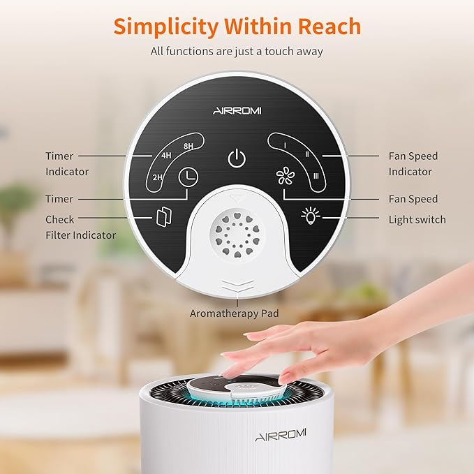 AIRROMI Air Purifier for Bedroom with HEPA 3-in-1 Filter, Pet Air Purifier for Home Cat Pee Smell, Covers Upto 990 Ft², Quiet 360° intake Air Cleaner for pet hair,allergies,Dust,Smoke A2001 White