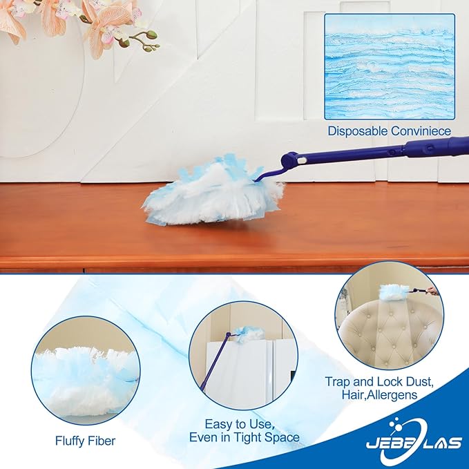 JEBBLAS Disposable Blue Duster Including 1 Long Handle, 1 Short Handle and 20 Duster Refills, Electrostatic Duster Kit, Heavy Duty Extender Handle Starter Kit