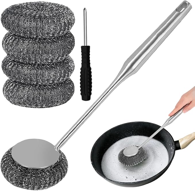 6Pcs Steel Wool Scrubber with Long Handle - Stainless Steel Scrub Brush Set for Scouring Stubborn Messes from Cast Iron, Pots, Pans, Grill, Sink (1 Scrubber + 4 Pads + 1 Screwdriver)