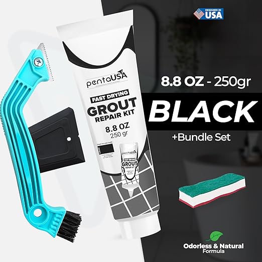 PentaUSA Grout - Tile Grout Repair Kit with Grout Removal Tool, Premix Grout Bundle Set with Remover Saw, Sponge and Cleaner (8.8 Oz - 250gr) (Black)