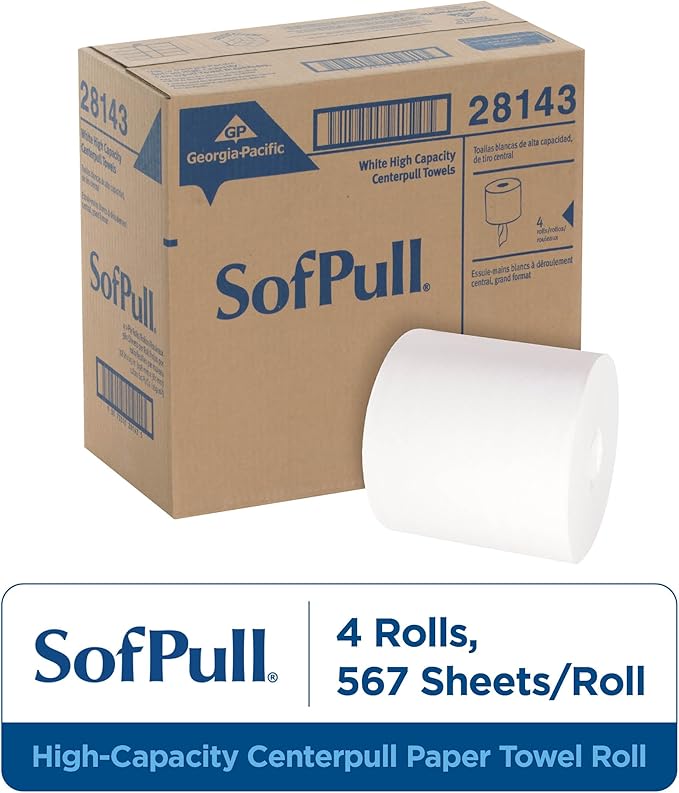 SOFPULL CENTERPULL HIGH-CAPACITY PAPER TOWELS BY GP PRO (GEORGIA-PACIFIC), 28143, WHITE, 4 ROLLS PER CASE, 567 TOWELS PER ROLL