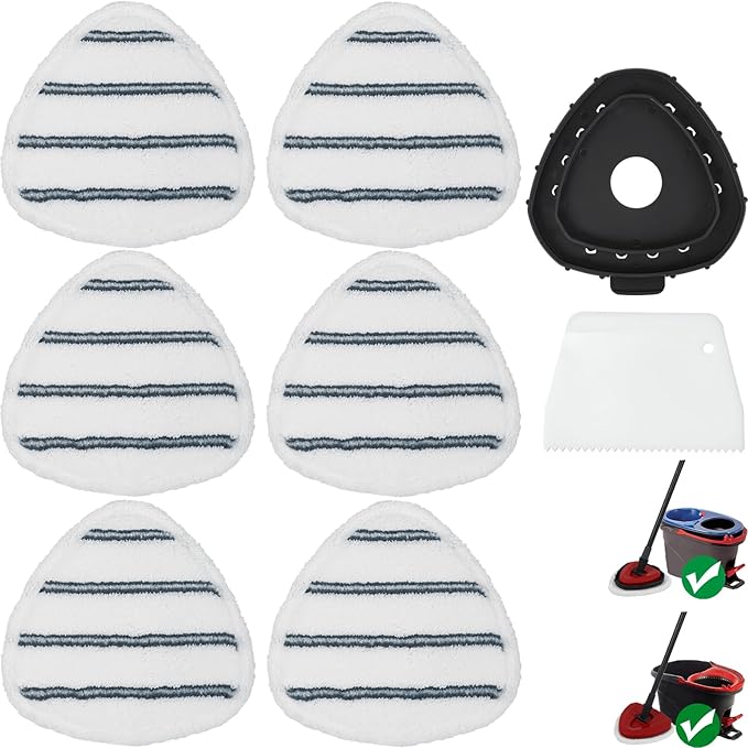 Triangule Flat Mop Replacement Pads, Spin Mop Pad Replacement, 6 Pack Mop Refill Pads, 1 Mop Base and 1 Scraper for Cleaning Floor, Wall, Ceiling, Easy to Replace