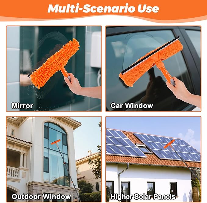 Msnaile Window Squeegee with Carbon Fiber Extension Pole for Home, 3.5 to 12Ft Window Cleaning Kit Tool Outdoor, Lightweight Professional Window Washing Kit with Rotatable Head & 2 Scrubbers, 2 in 1